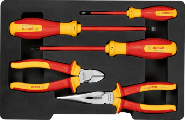 Bosch手動工具混合套裝，5 件裝於托盤中。